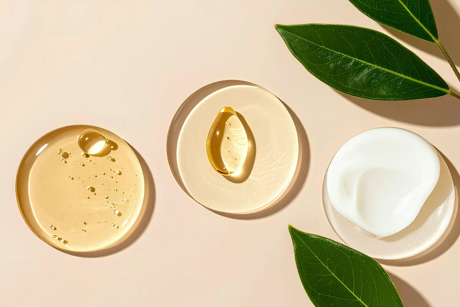 Swatches of face oil, clear serum and white cream on a beige surface beside glossy green leaves