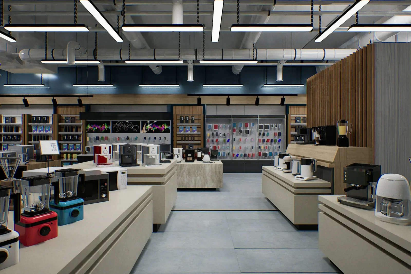 Electronics store with blenders, coffee machines and microwaves on display counters and a wall of phone accessories