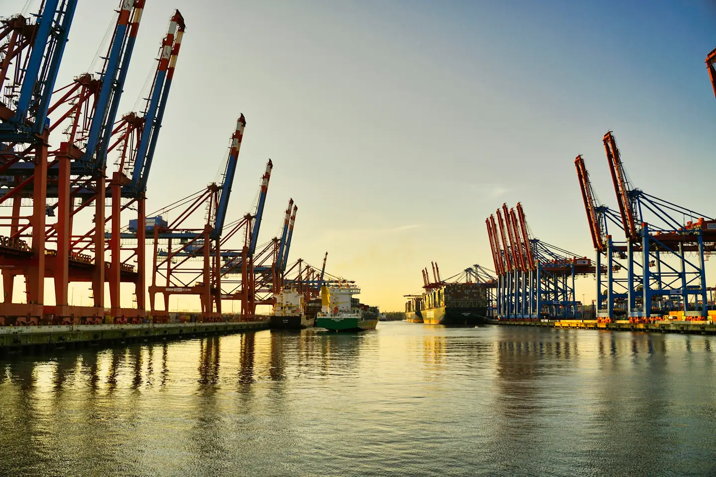 Rows of container gantry cranes lining a harbour basin at sunset as cargo ships wait at the quays