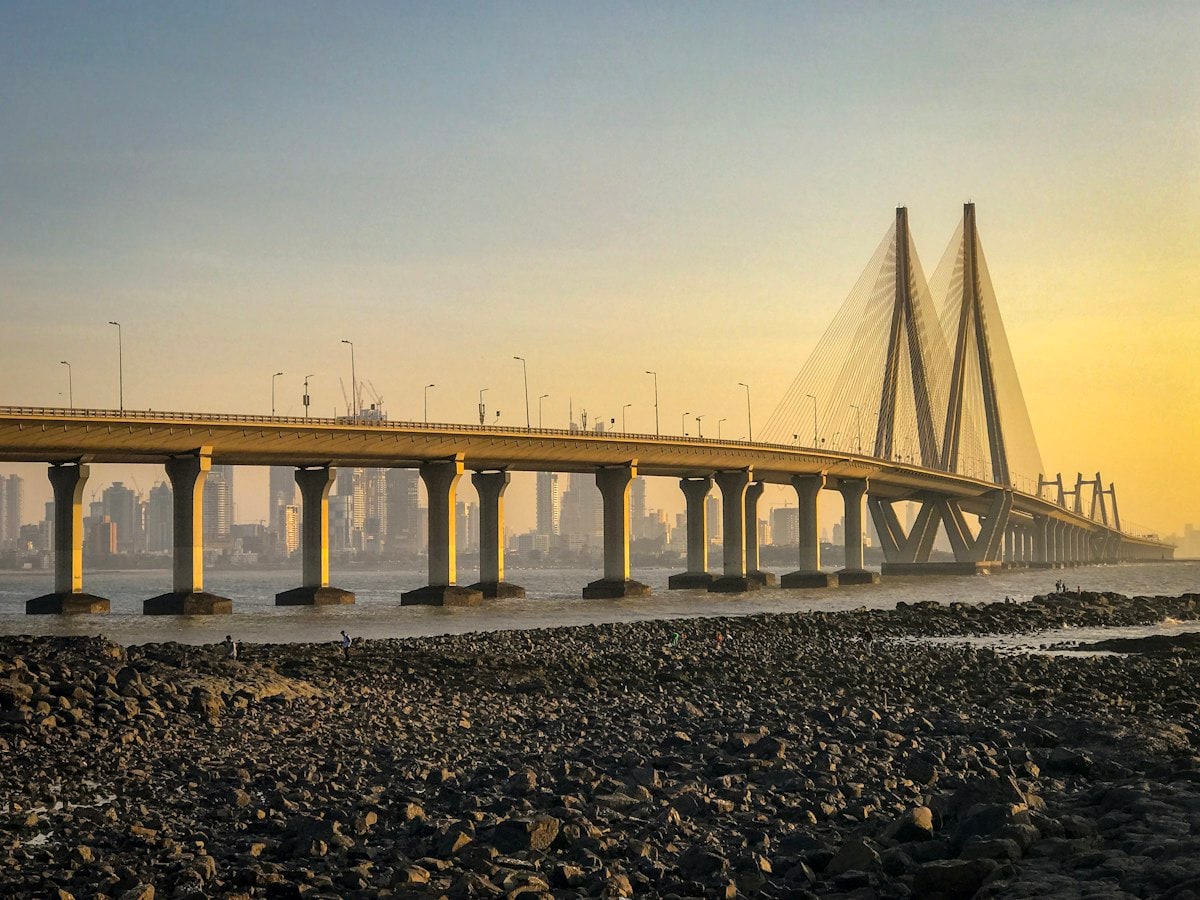 Bandra-Worli Sea Link cable-stayed bridge stretching across the sea in Mumbai at golden hour