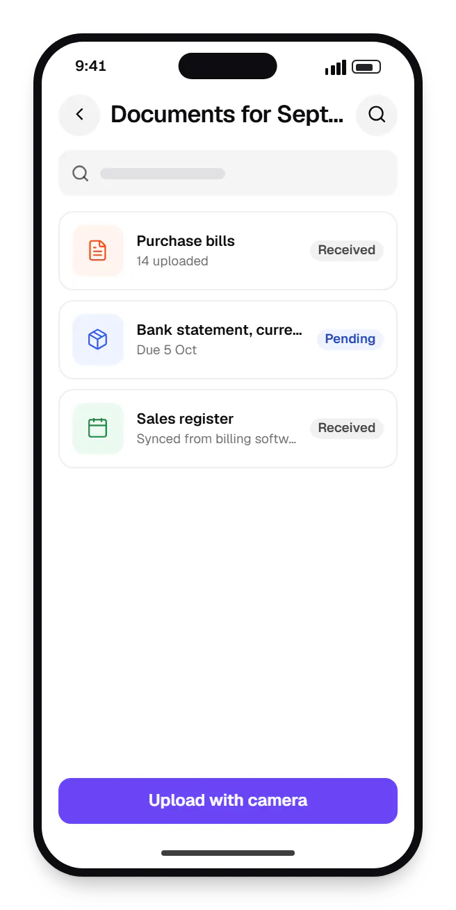 Accounting software client portal documents for September on a phone, with 3 entries