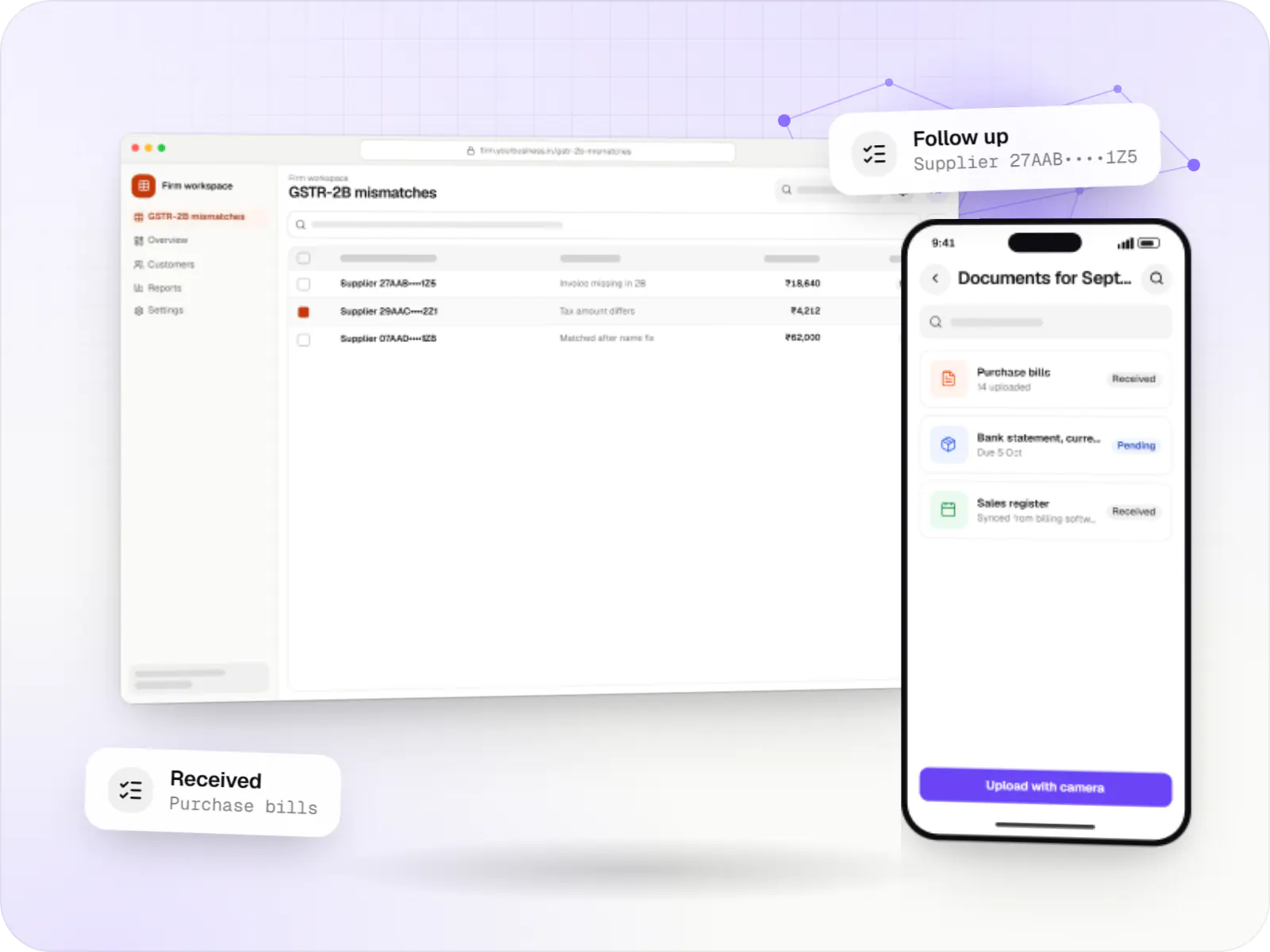 Accounting software screens: firm workspace in a browser and client portal on a phone