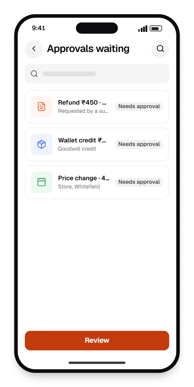 Admin panel manager view on a phone approvals waiting on a phone, with 3 entries