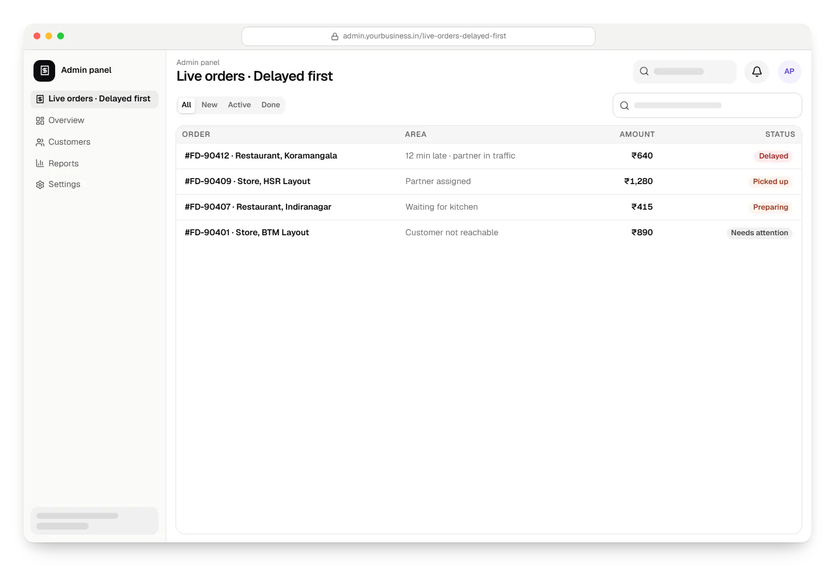 Admin panel order list in a web browser, with 4 orders and their status