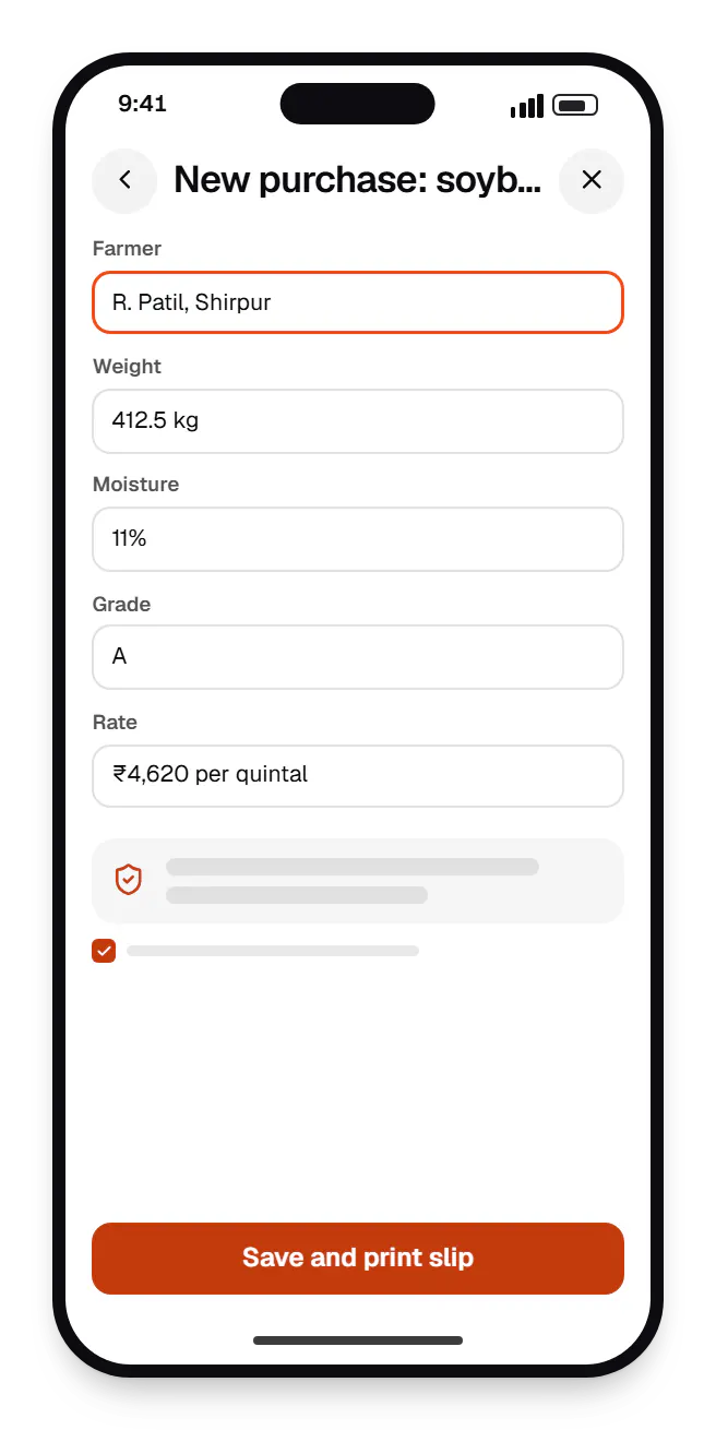Agriculture software collection-point app new purchase: soybean on a phone, with input fields and an action button