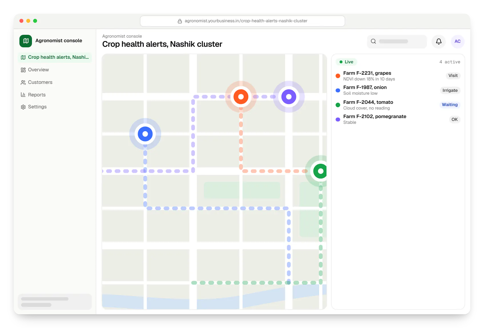 AgriTech software agronomist console route map in a web browser, with stops and live positions
