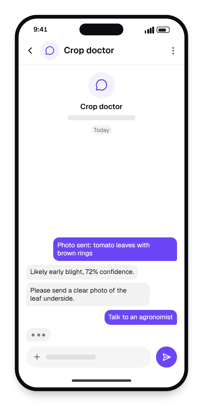 AgriTech software farmer app photo diagnosis chat on a phone, with a question and a reply