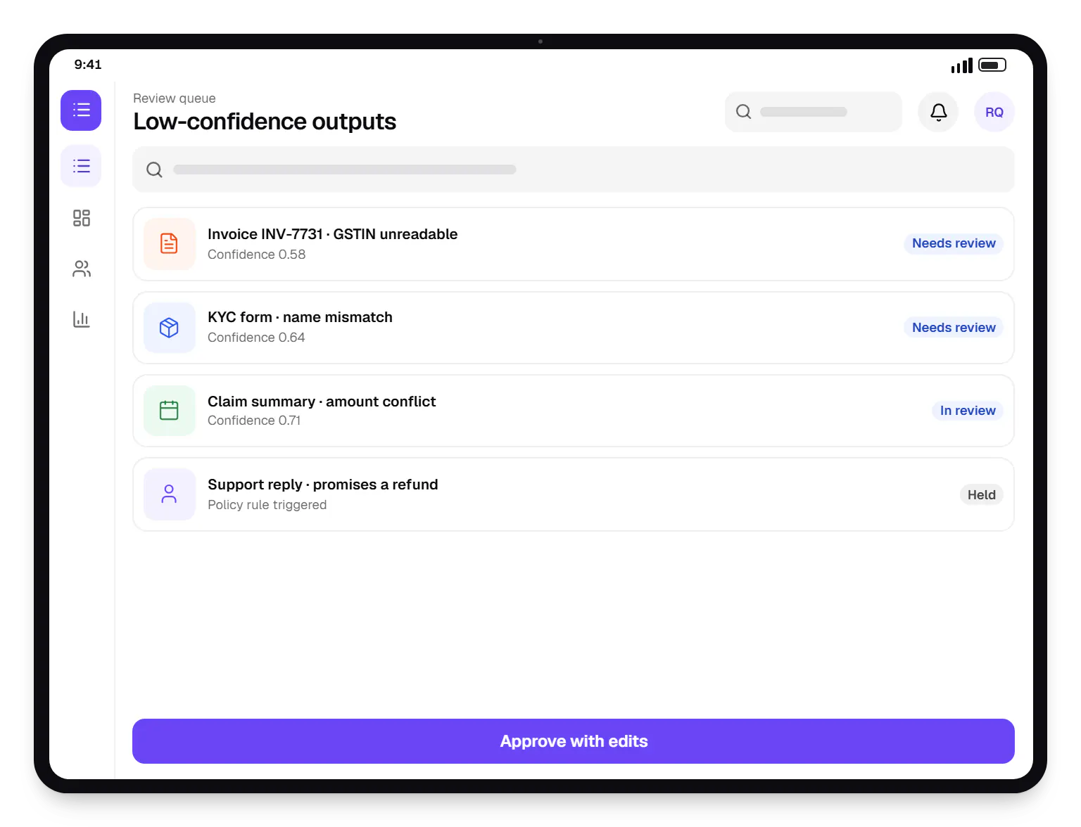AI and machine learning company software review queue low-confidence outputs on a tablet, with 4 entries