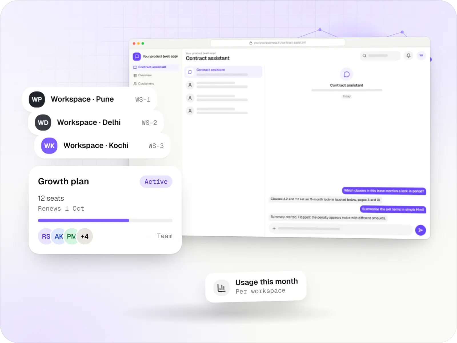 AI and machine learning company software screens: your product chat in a browser and workspace cards and a plan card