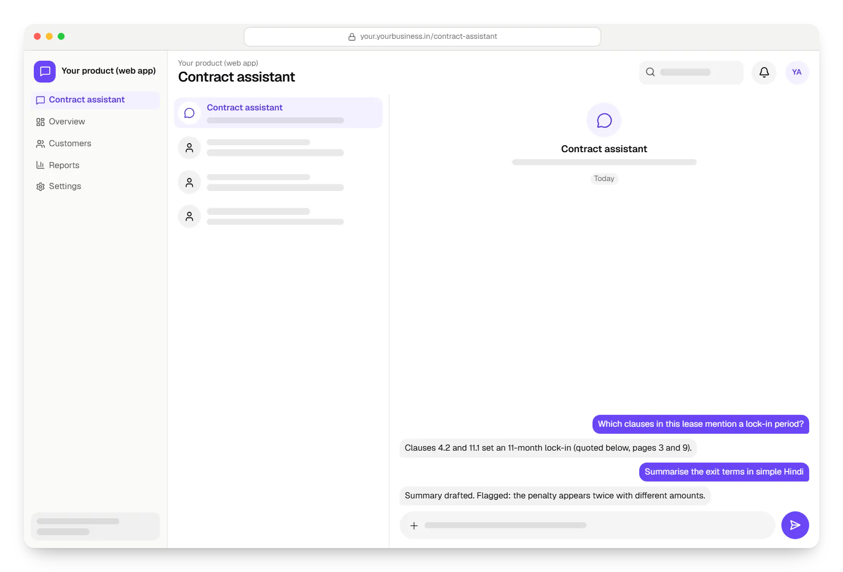 AI and machine learning company software your product chat in a web browser, with a question and a reply