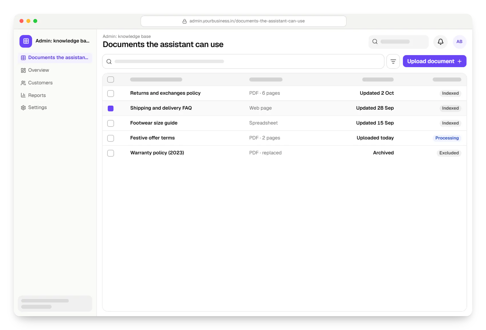 AI app admin knowledge base documents the assistant can use table in a web browser, with 5 rows and status labels