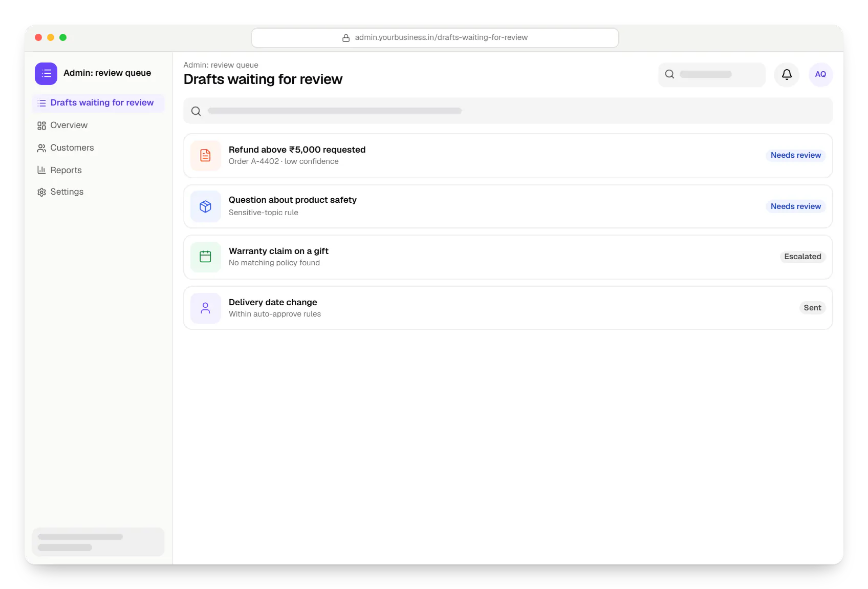AI app admin review queue drafts waiting for review in a web browser, with 4 entries