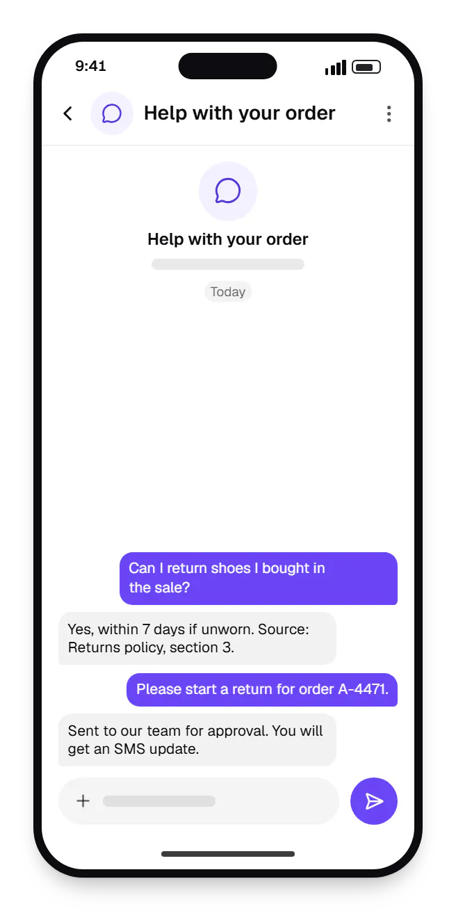 AI app customer chat on a phone, with a question and a reply