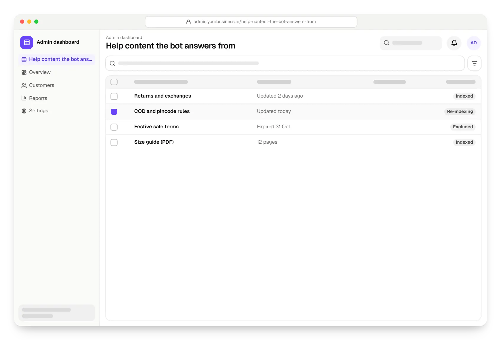 AI chatbot admin dashboard help content the bot answers from table in a web browser, with 4 rows and status labels