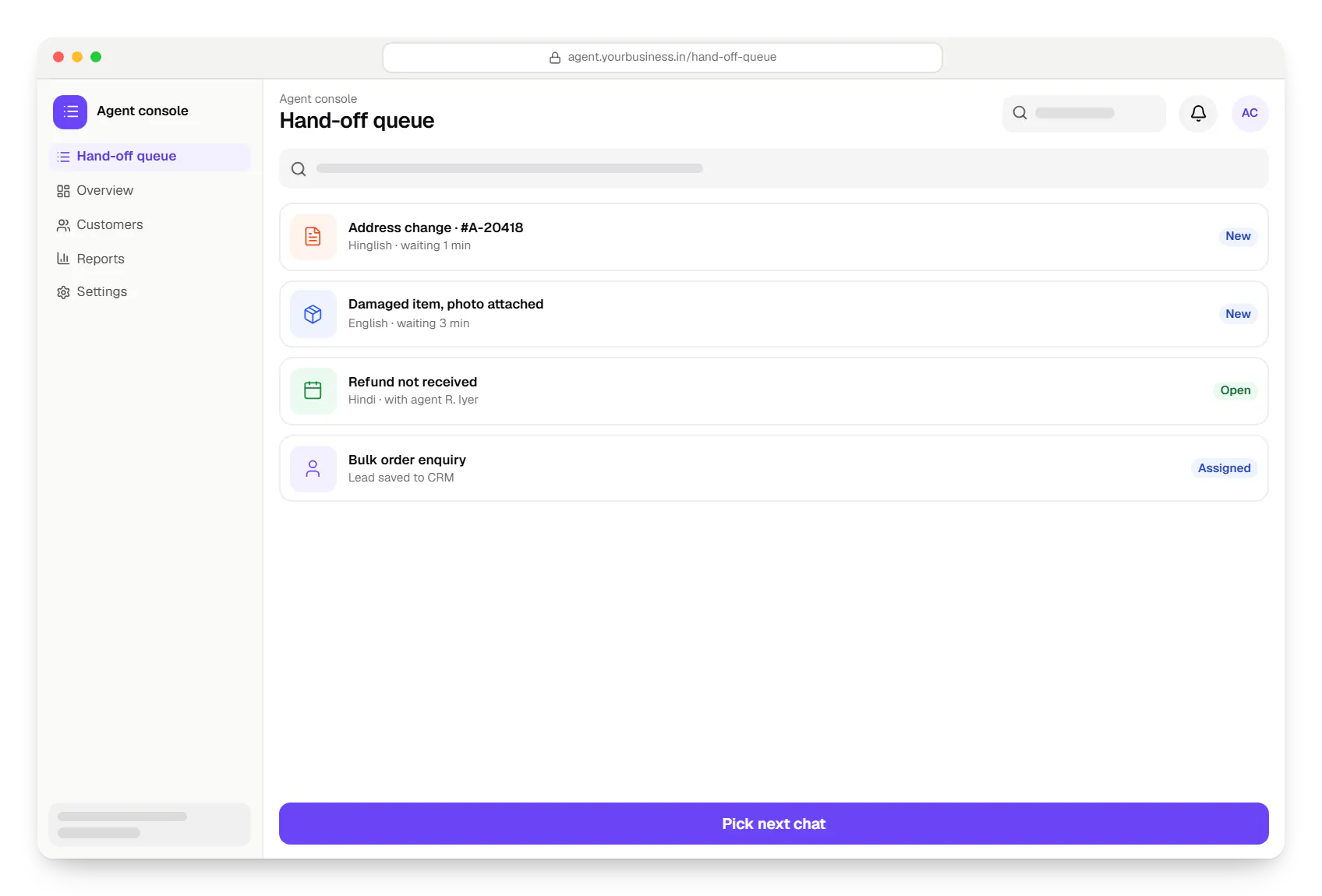 AI chatbot agent console hand-off queue in a web browser, with 4 entries