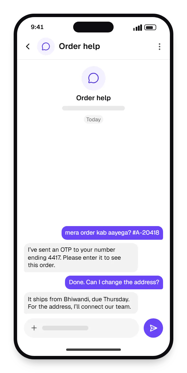 AI chatbot customer chat on a phone, with a question and a reply