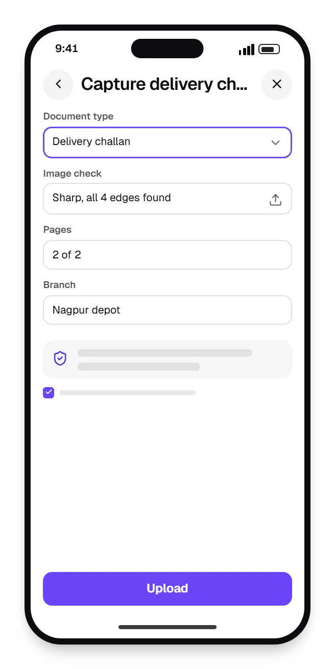 AI document processing field capture app capture delivery challan on a phone, with input fields and an action button