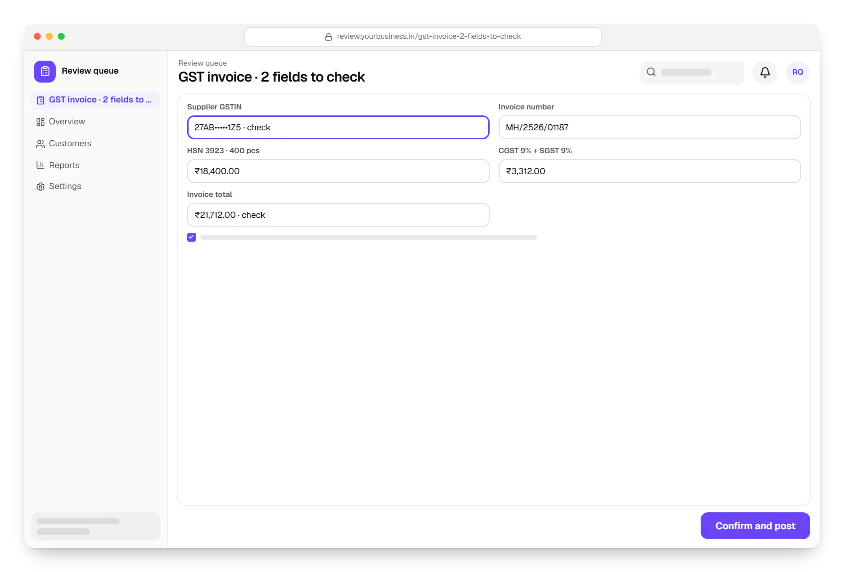 AI document processing review queue GST invoice in a web browser, with input fields and an action button