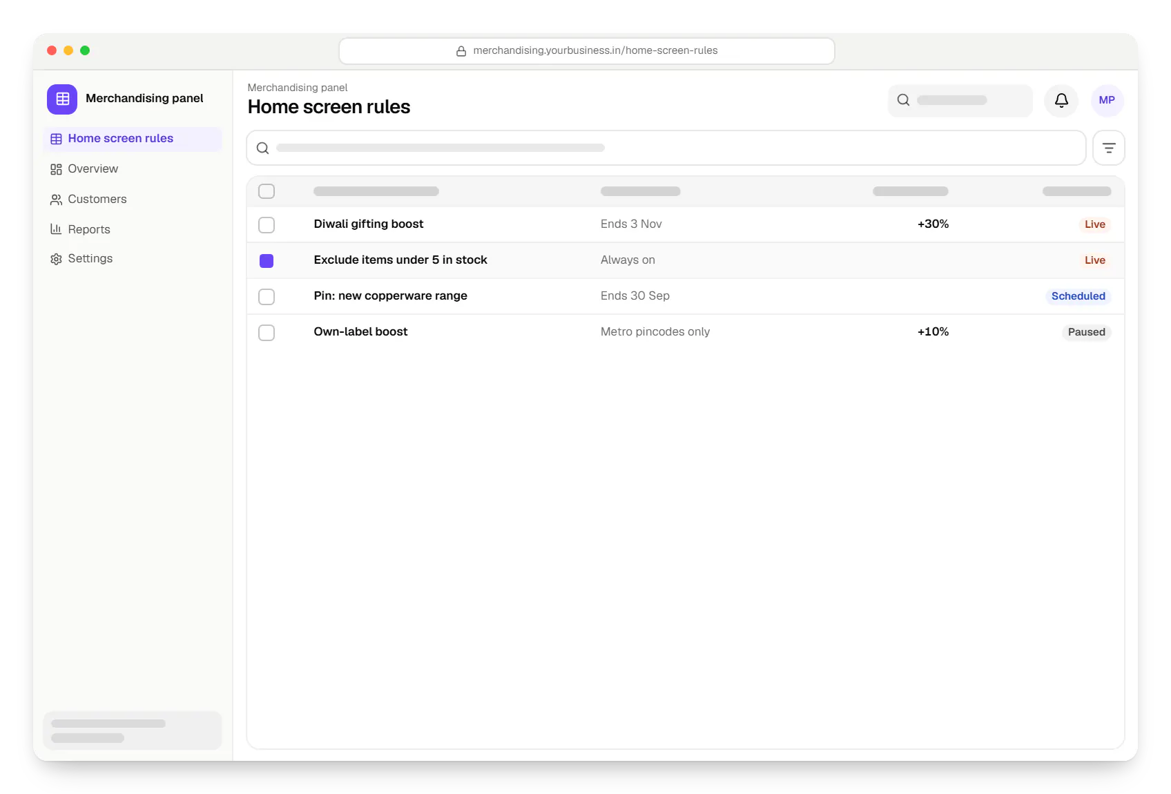 AI recommendation systems merchandising panel home screen rules table in a web browser, with 4 rows and status labels