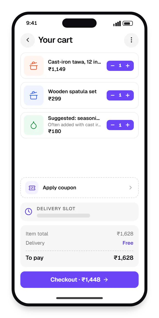 AI recommendation systems shopping app cart on a phone, with 3 items and the order total