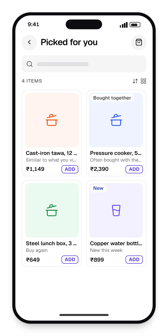 AI recommendation systems shopping app catalogue on a phone, showing picked for you with prices