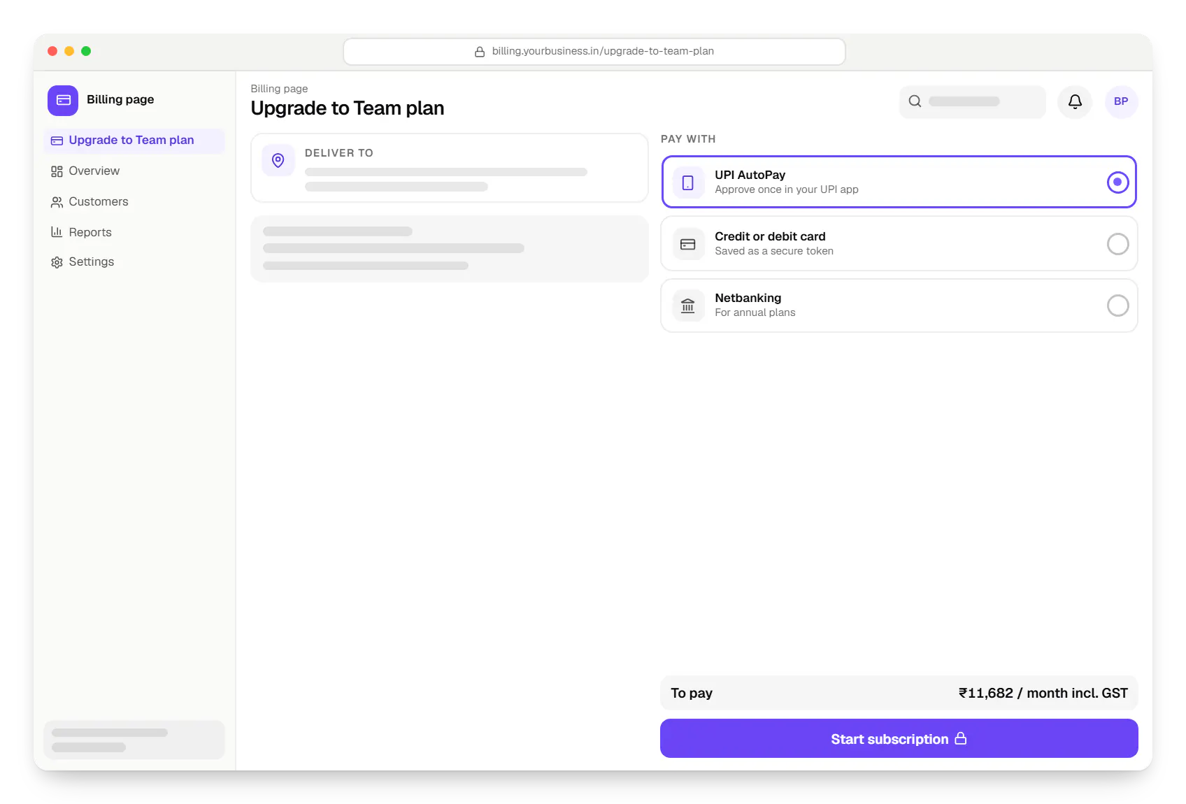 AI SaaS billing page checkout in a web browser, with UPI AutoPay, credit or debit card and netbanking options