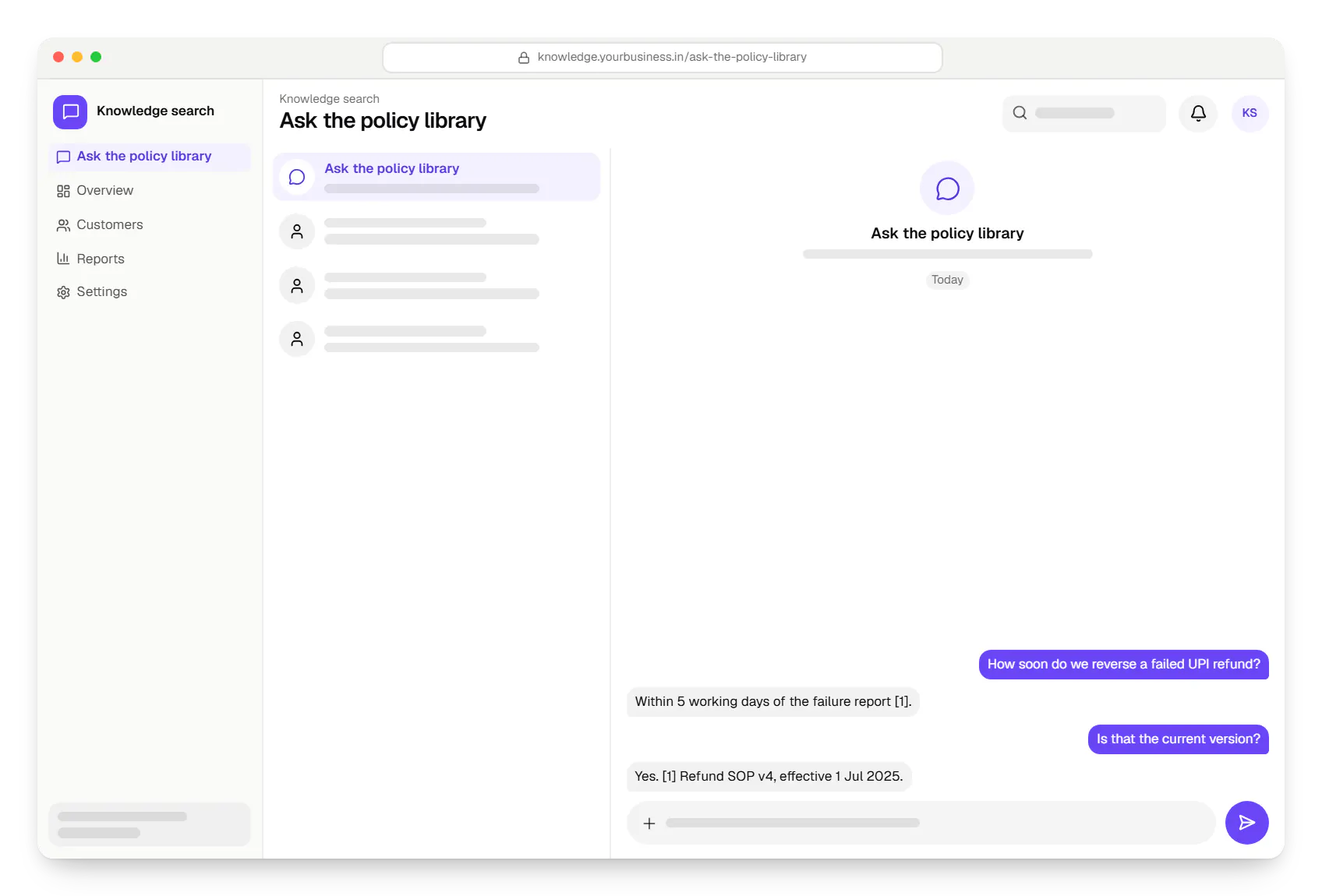 AI & systems knowledge search chat in a web browser, with a question and a reply