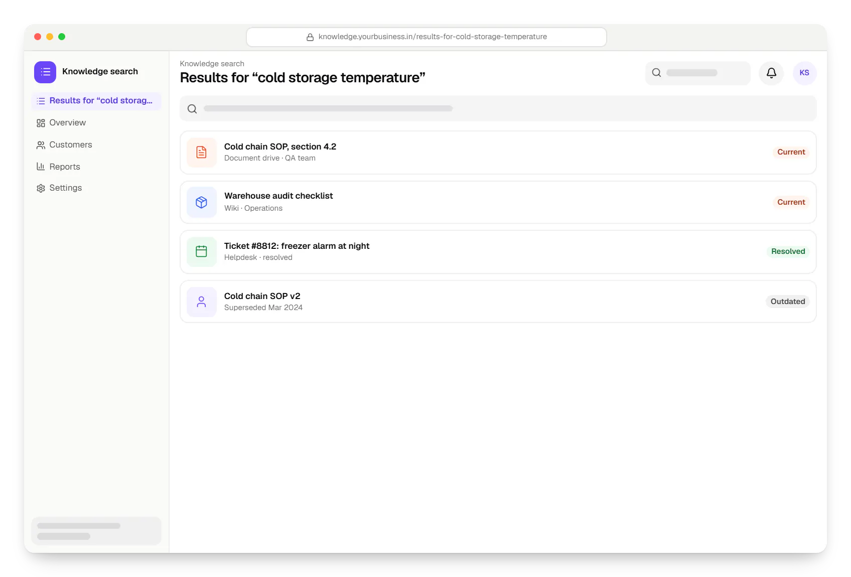 AI & systems knowledge search results for cold storage temperature in a web browser, with 4 entries