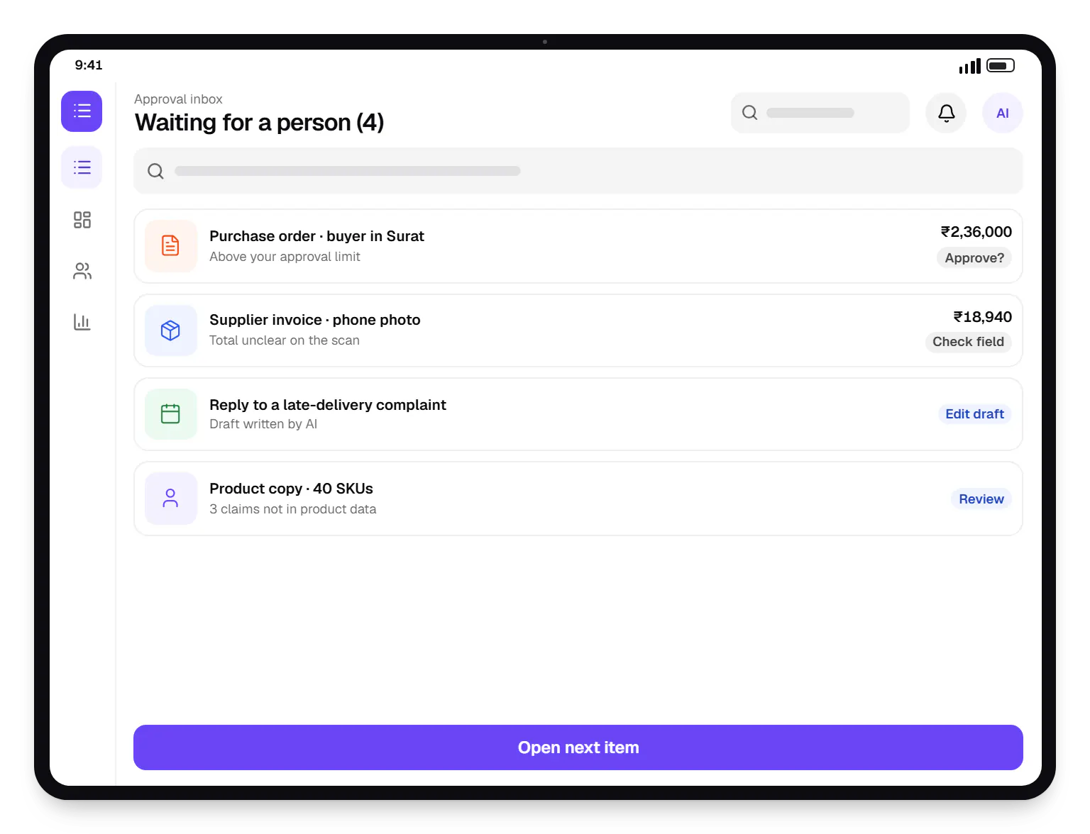 AI solutions approval inbox waiting for a person on a tablet, with 4 entries