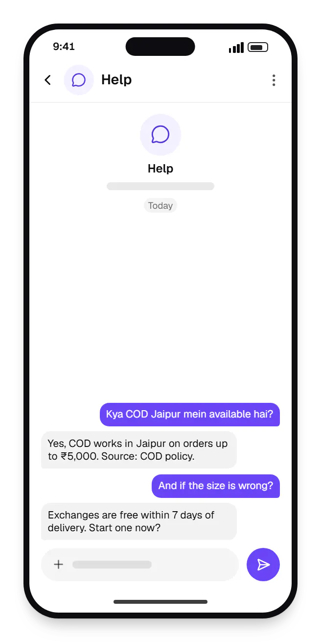 AI solutions website chat widget chat on a phone, with a question and a reply