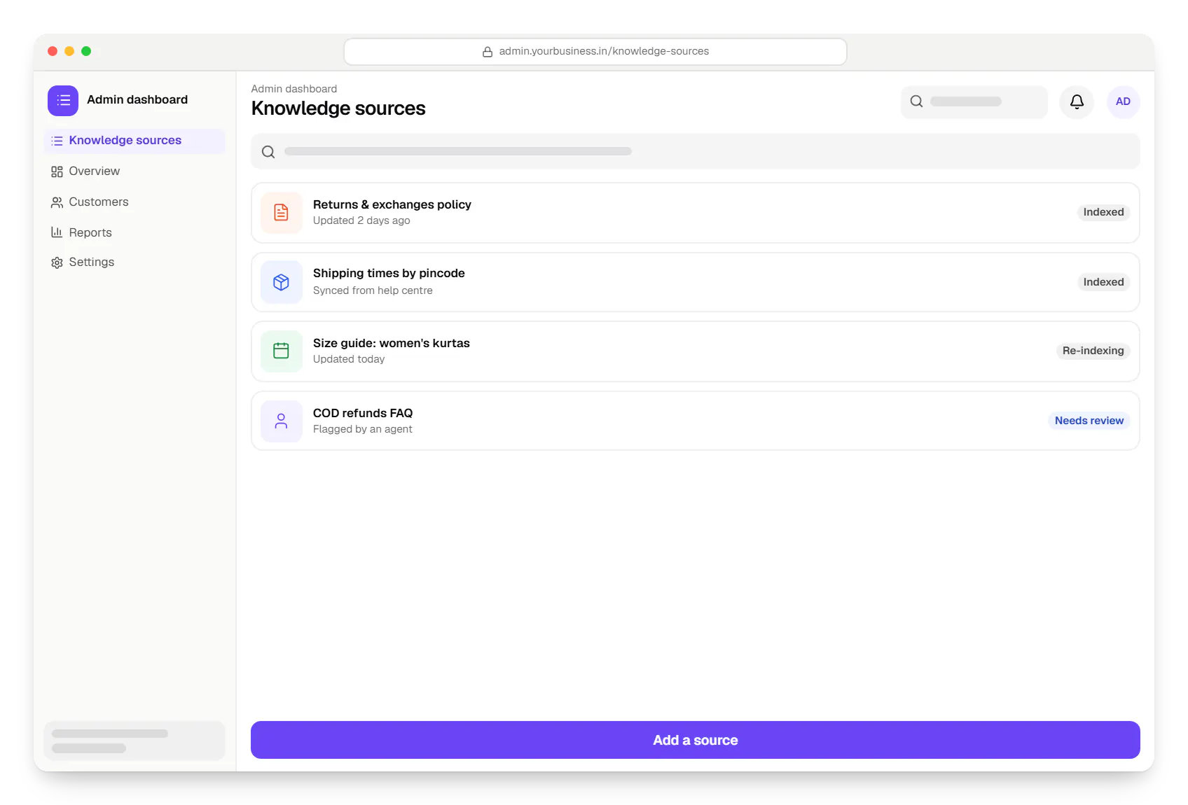 AI customer support assistant for a D2C brand admin dashboard knowledge sources in a web browser, with 4 entries