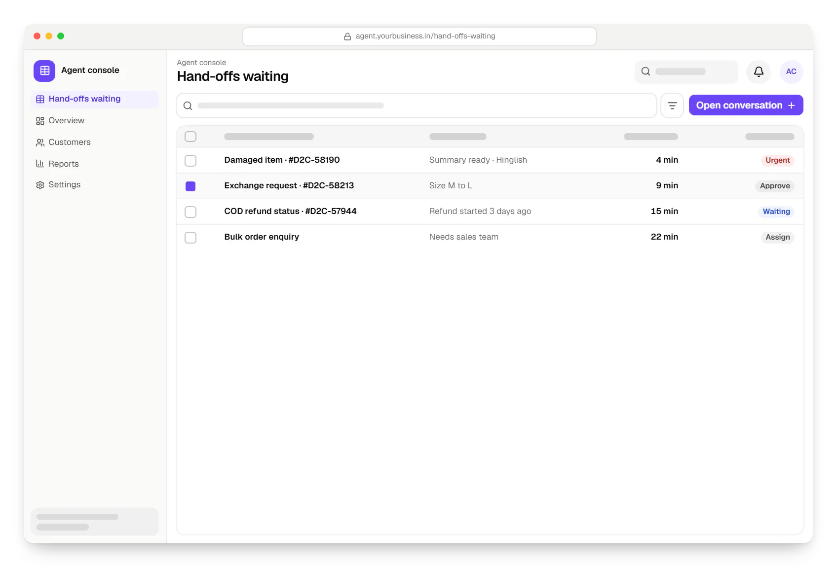 AI customer support assistant for a D2C brand agent console hand-offs waiting table in a web browser