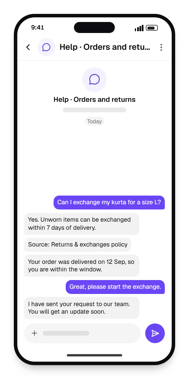 AI customer support assistant for a D2C brand website chat widget chat on a phone, with a question and a reply