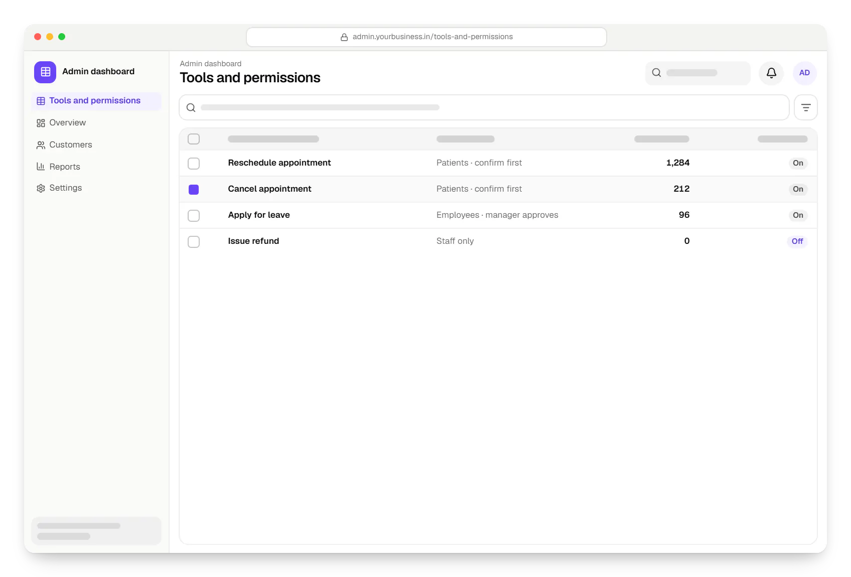 AI virtual assistant admin dashboard tools and permissions table in a web browser, with 4 rows and status labels