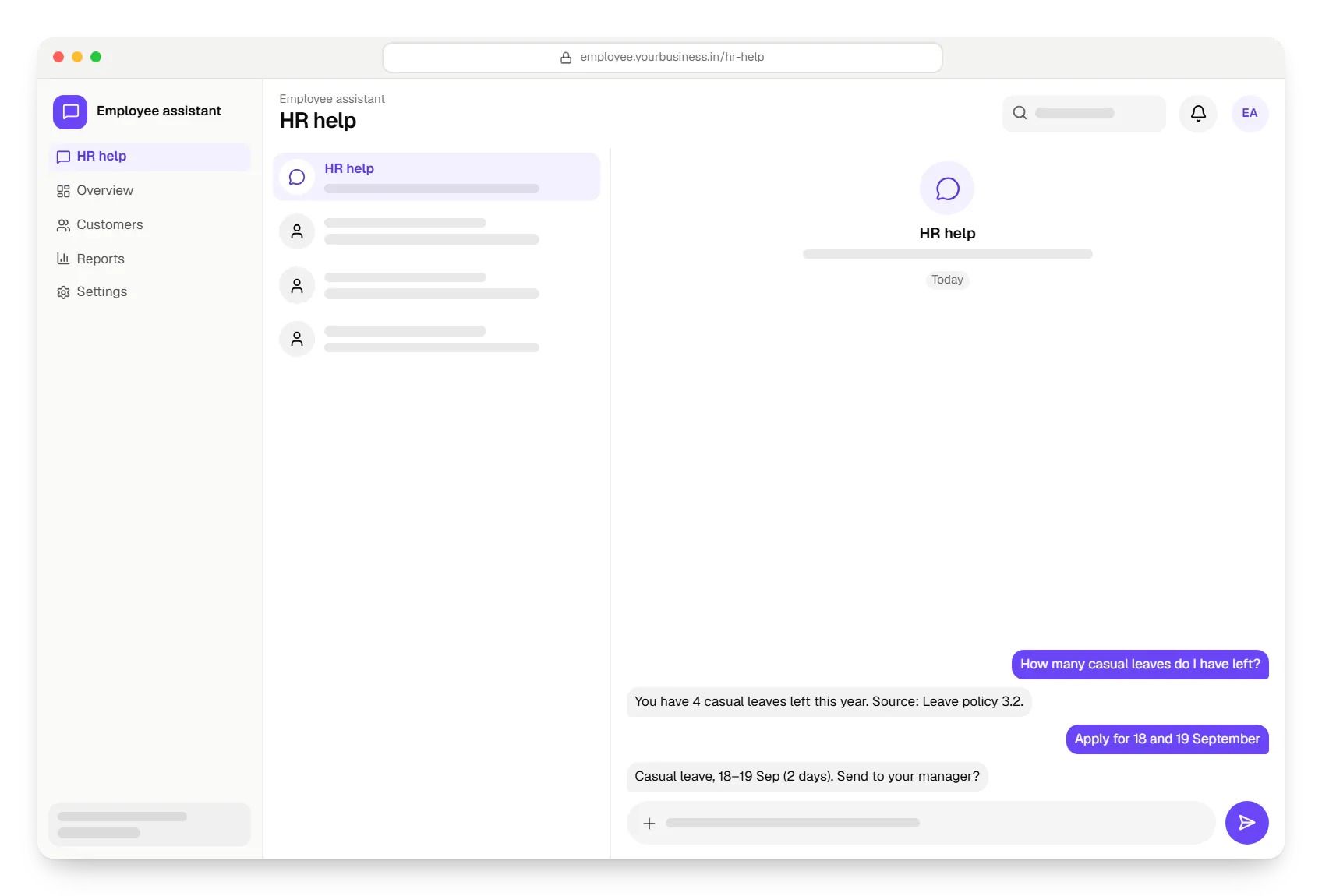 AI virtual employee assistant chat in a web browser, with a question and a reply