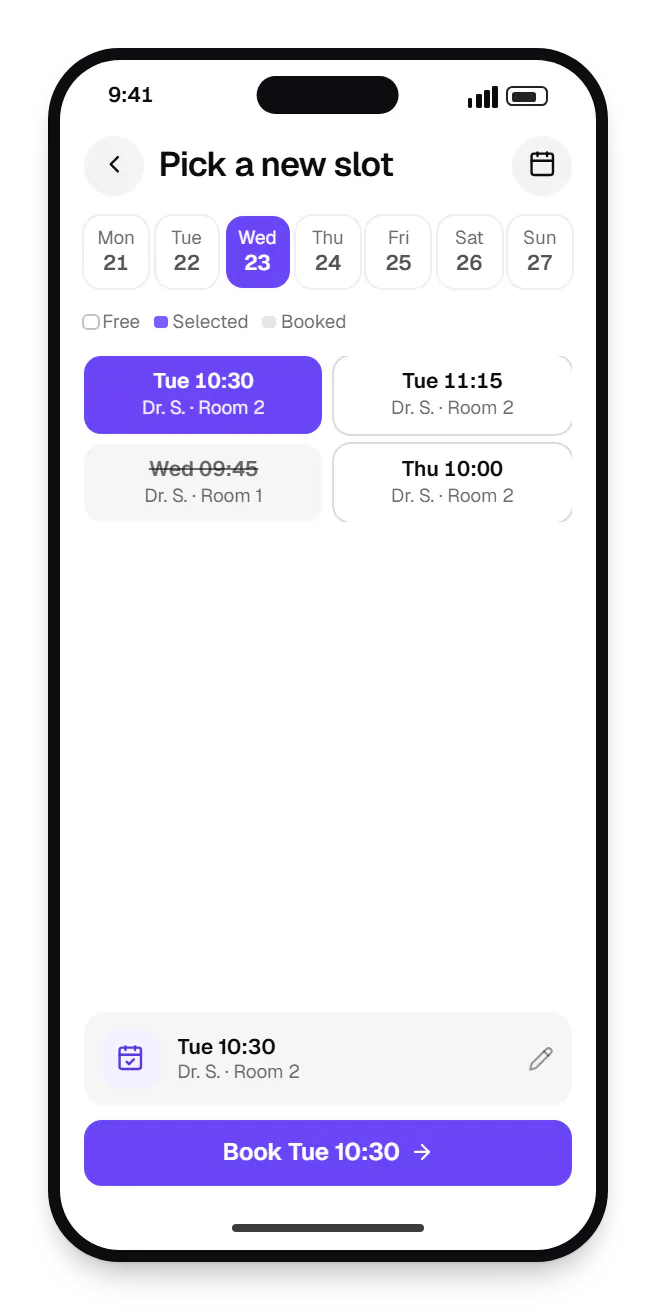 AI virtual assistant patient app booking slots on a phone, with open time slots