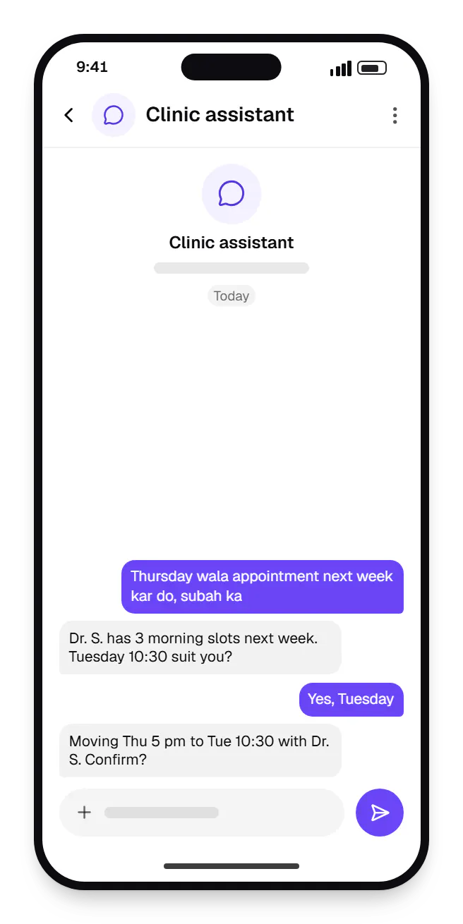 AI virtual assistant patient app chat on a phone, with a question and a reply