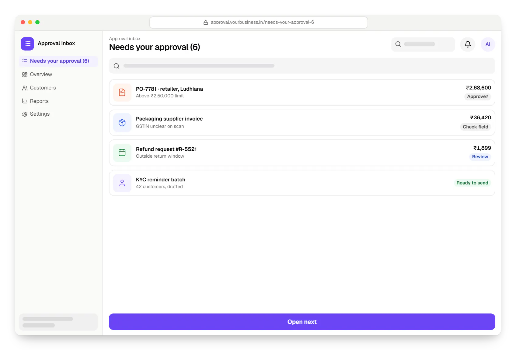 AI workflow automation approval inbox needs your approval in a web browser, with 4 entries