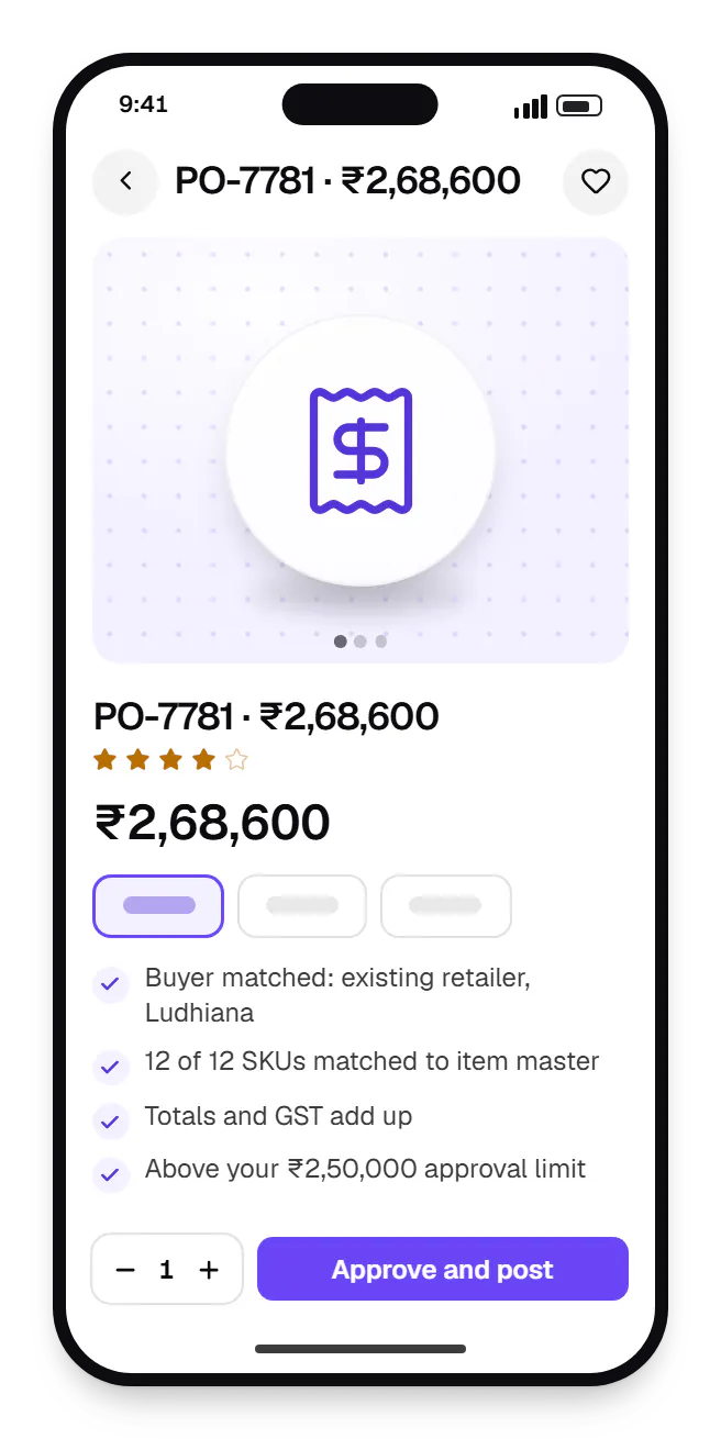 AI workflow automation approver on the go product page on a phone, for PO-7781, with price and options