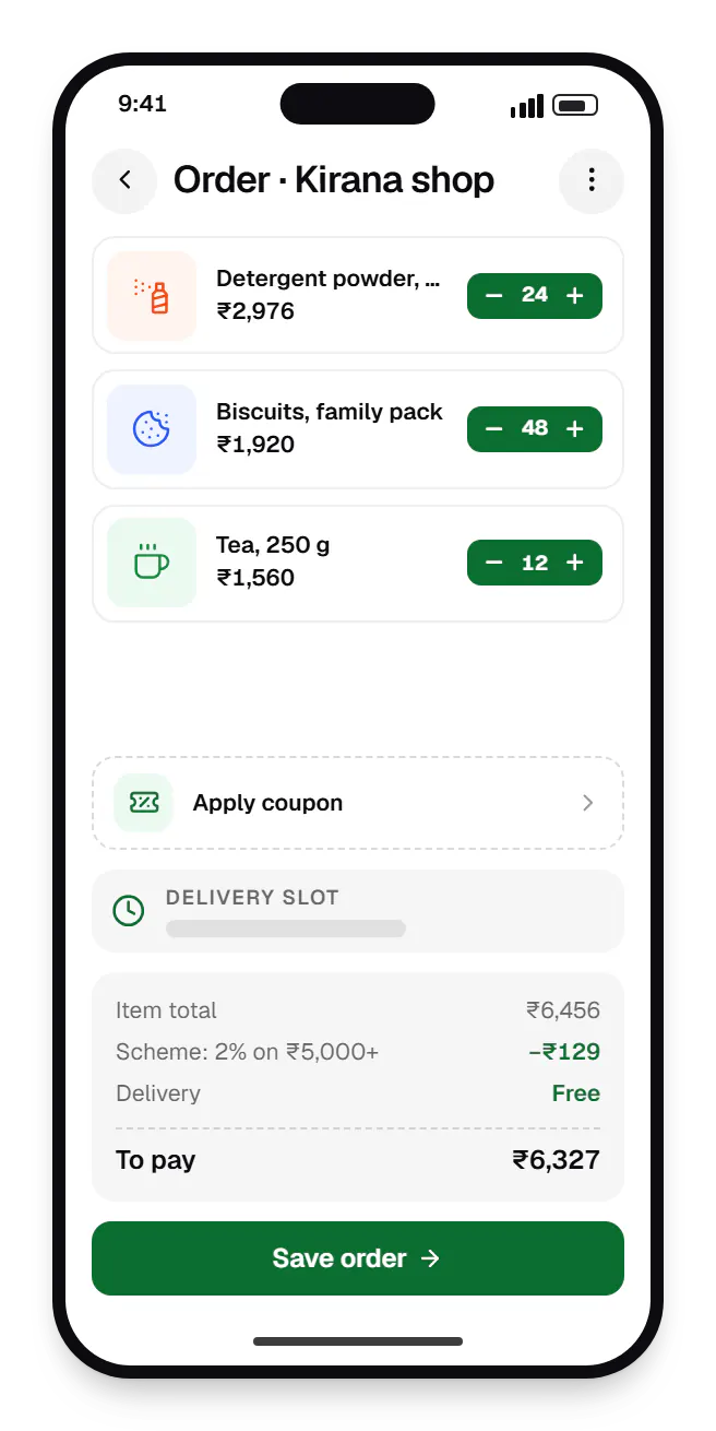 Sales app for Android cart on a phone, with 4 items and the order total