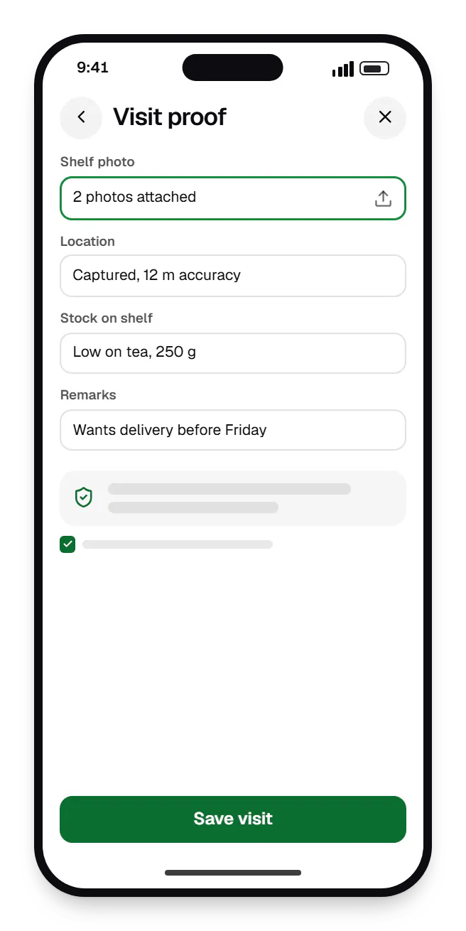 Sales app for Android visit proof on a phone, with input fields and an action button