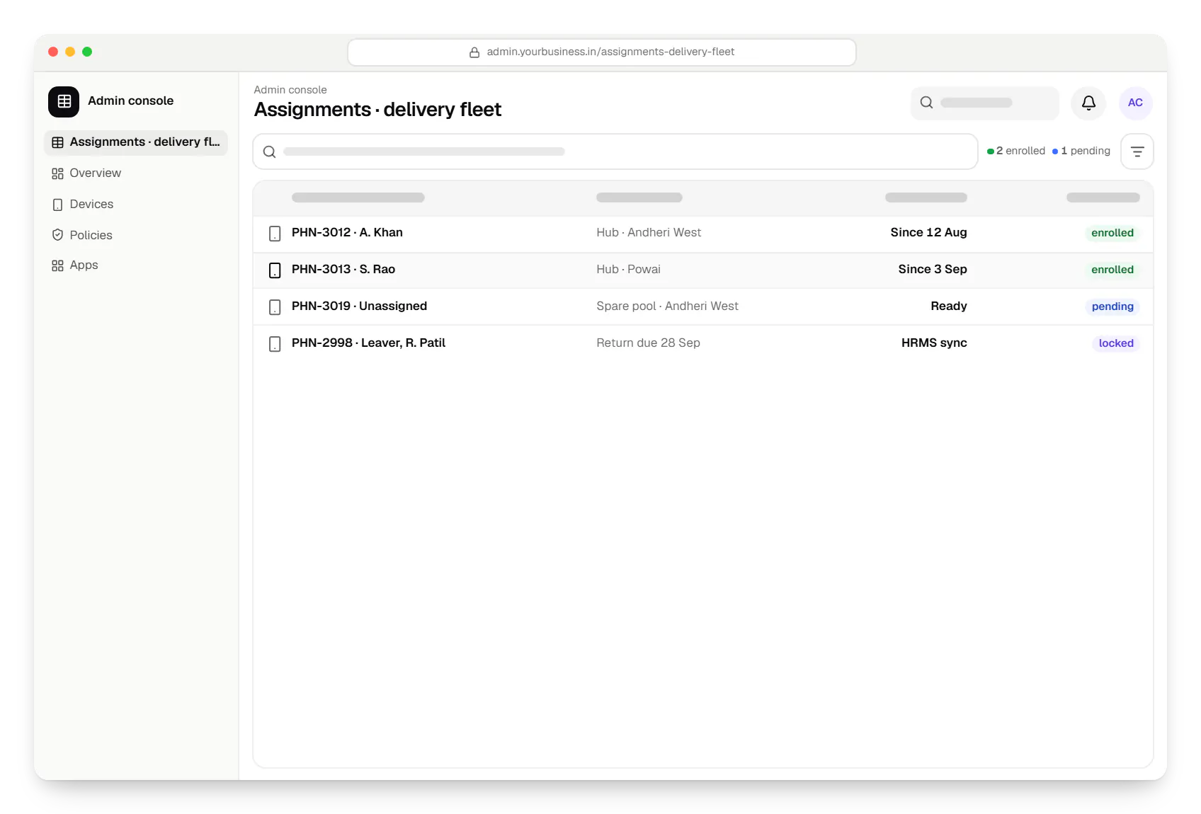 Android device owner admin console assignments table in a web browser, with 4 rows and status labels