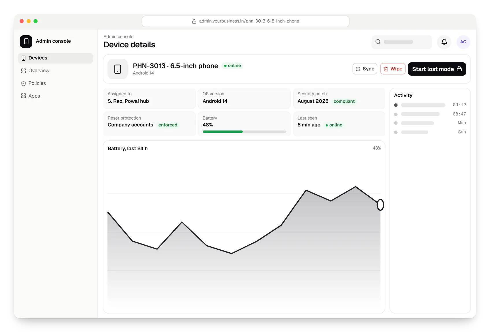 Android device owner admin console device details in a web browser