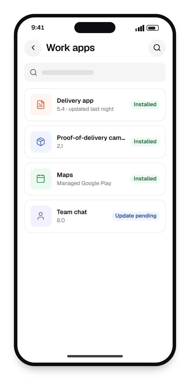 Android device owner delivery partner phone work apps on a phone, with 4 entries