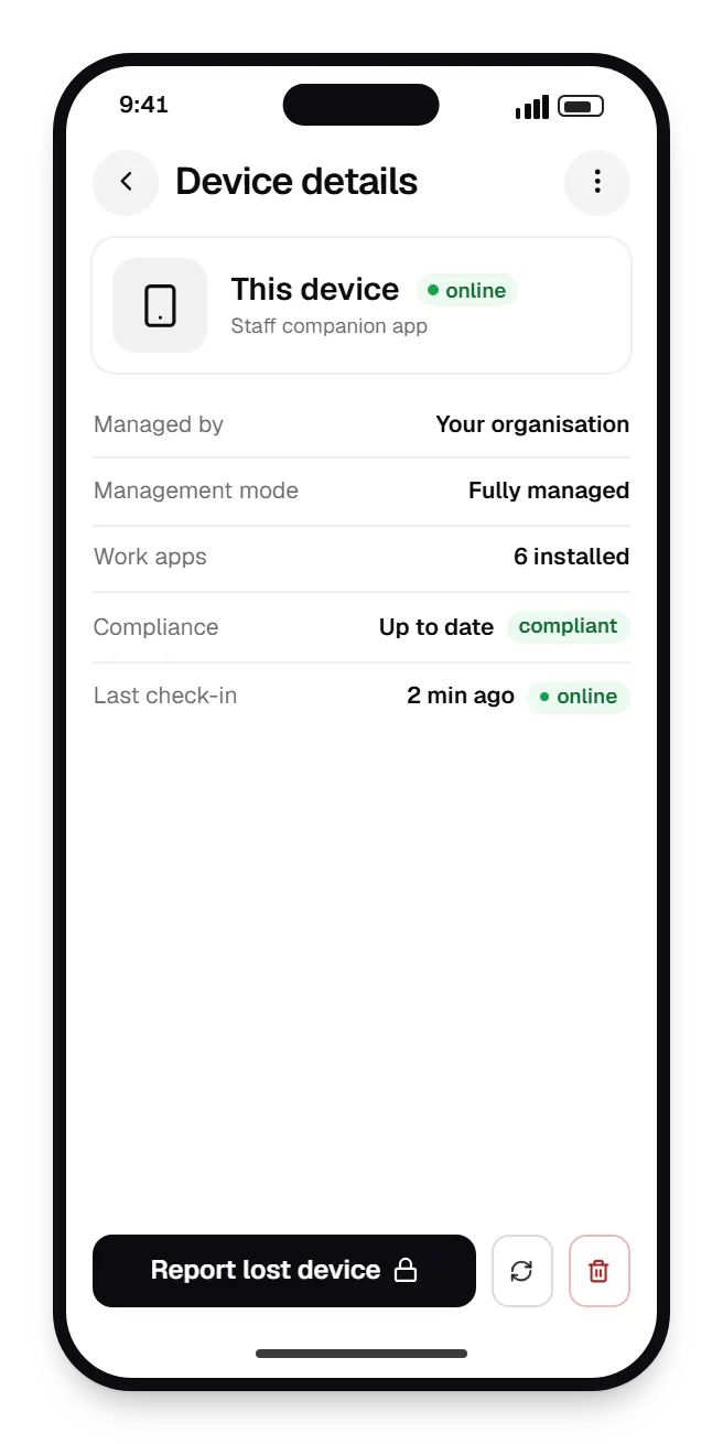 Android device owner staff companion app device details on a phone
