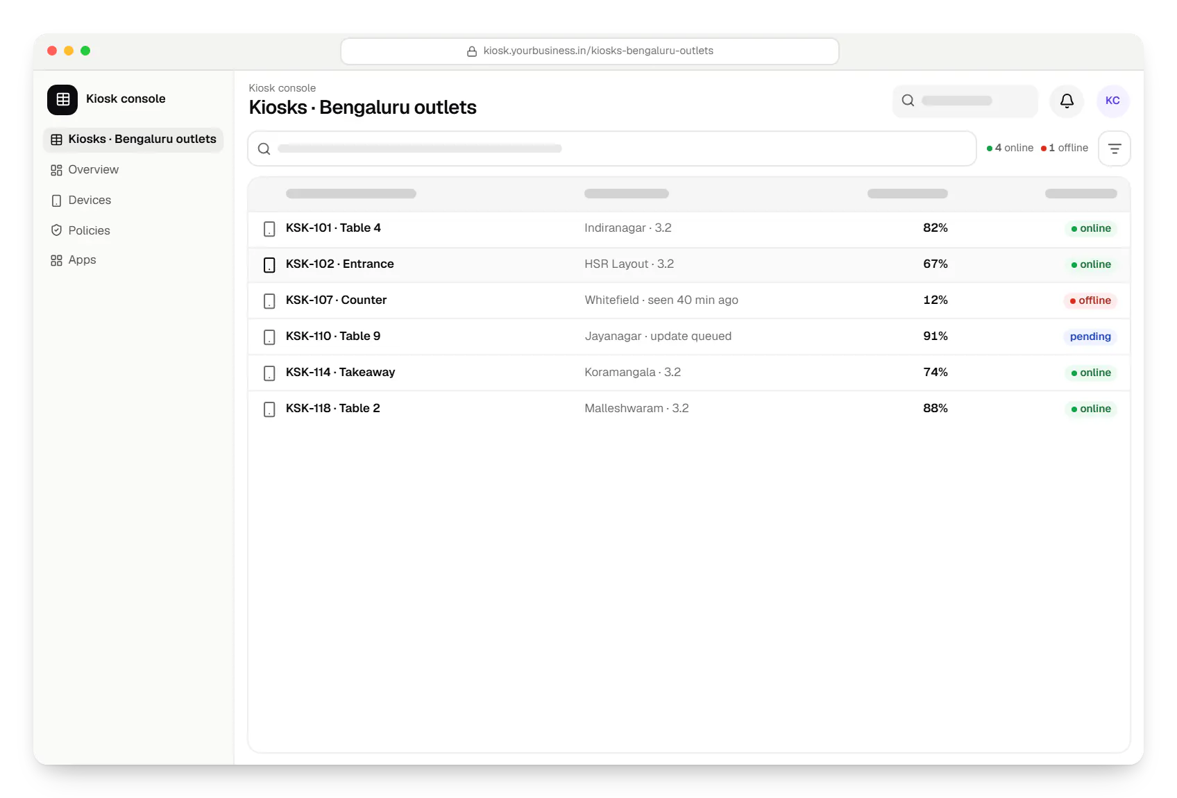 Android mode kiosk console kiosks table in a web browser, with 6 rows and status labels