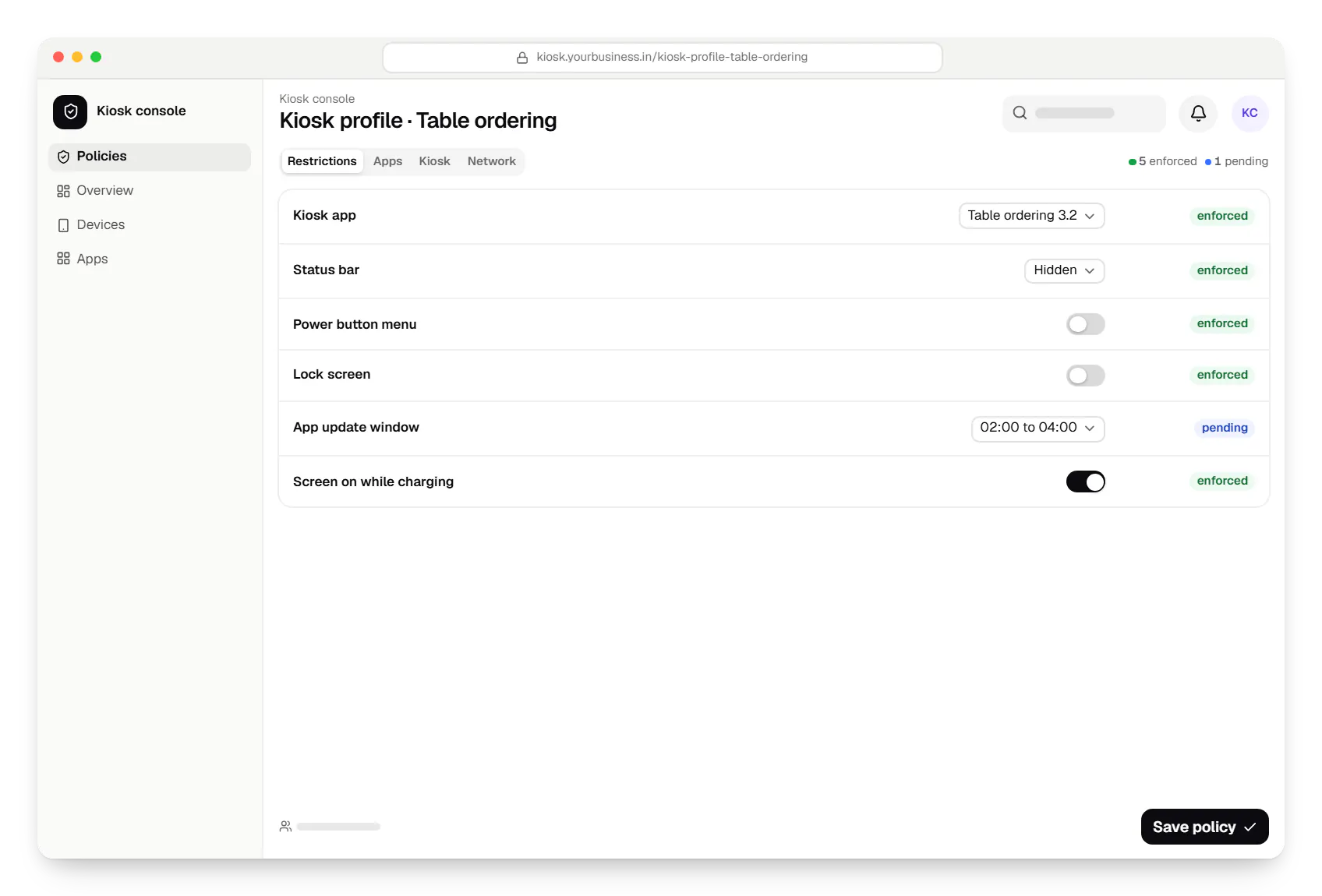 Android mode kiosk console policy settings in a web browser