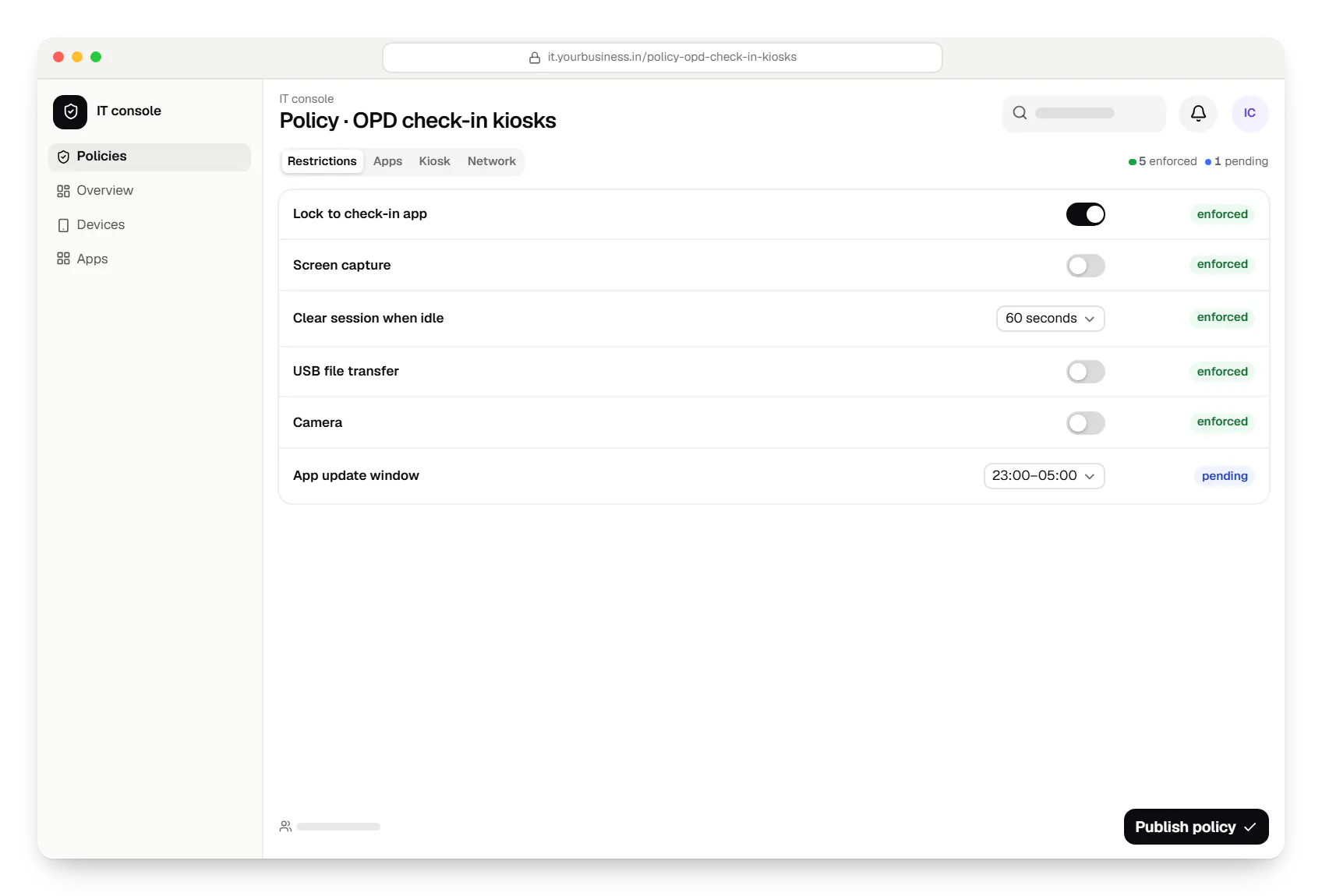 Android™ kiosk mode for hospitals and clinics IT console policy settings in a web browser