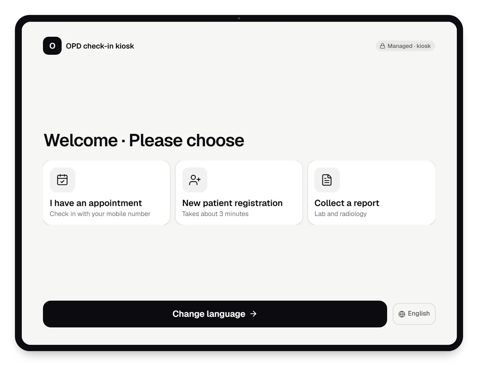 Androidโข mode for hospitals and clinics OPD check-in kiosk locked kiosk screen on a tablet