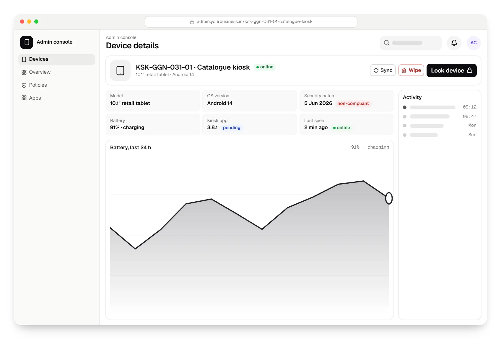Android kiosk and device management platform for retail stores admin console device details in a web browser